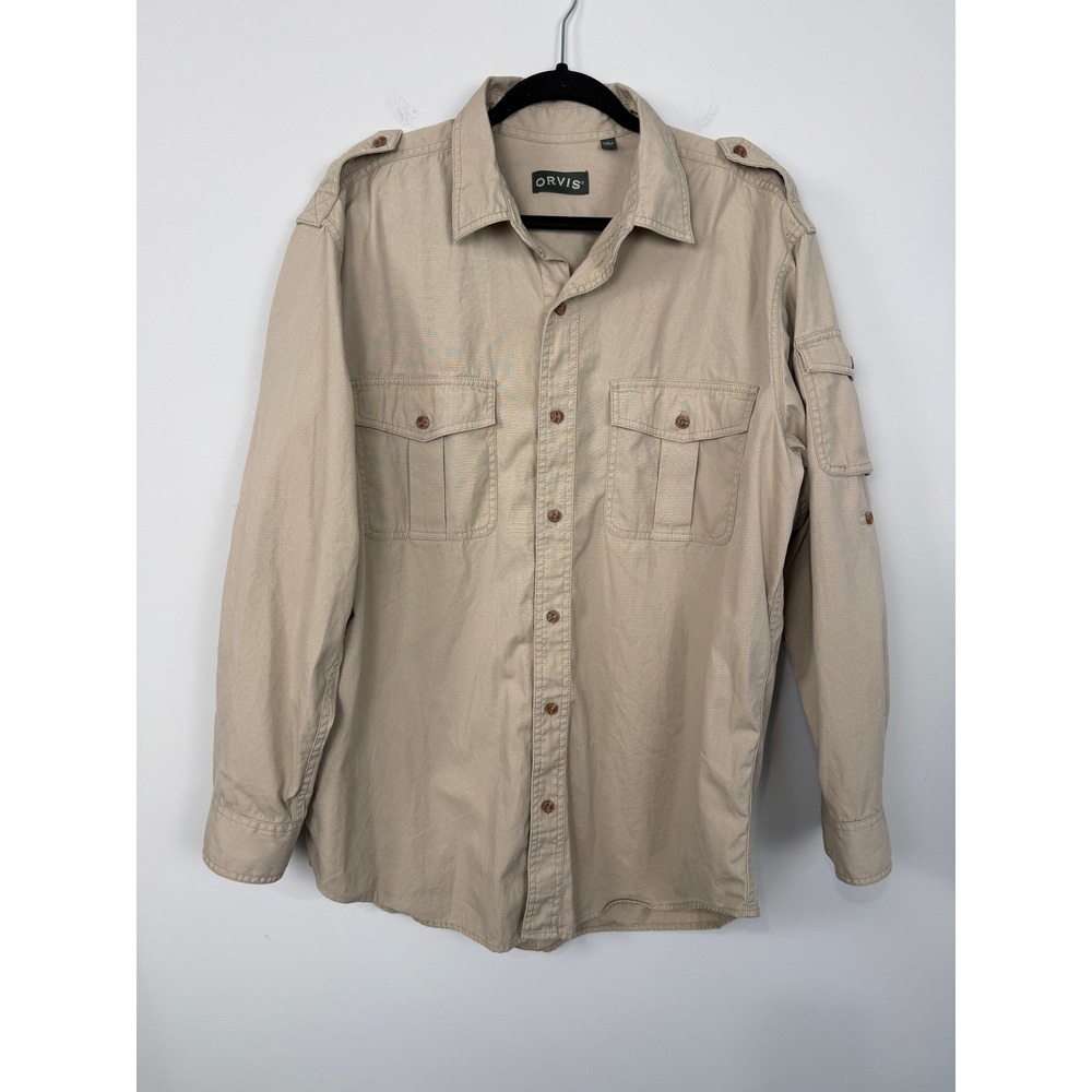 Orvis Bush Safari Utility Shirt Khaki Men's Large Cotton Poplin Outdoor
